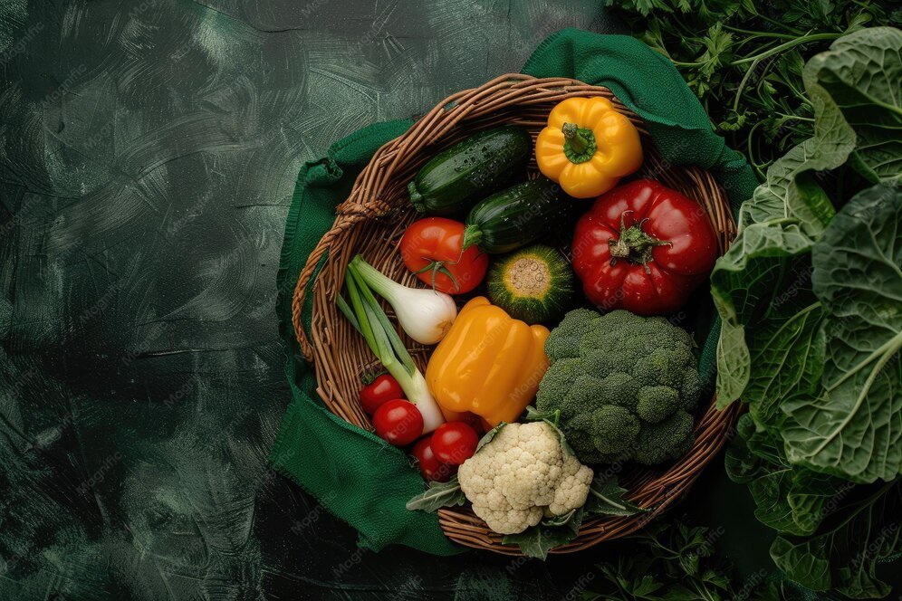 Paper grocery bag filled with colorful fruits and vegetables